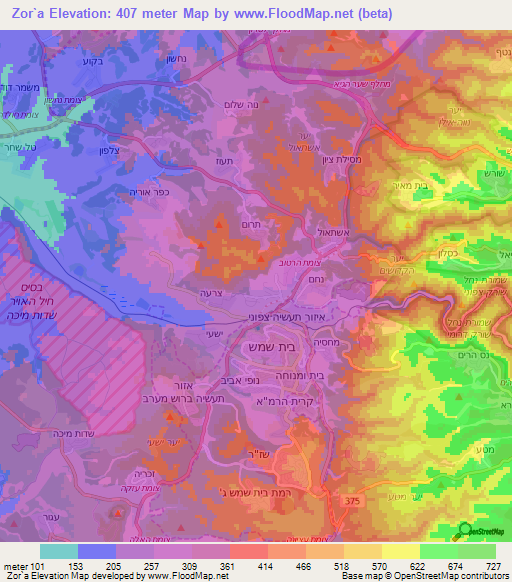 Zor`a,Israel Elevation Map