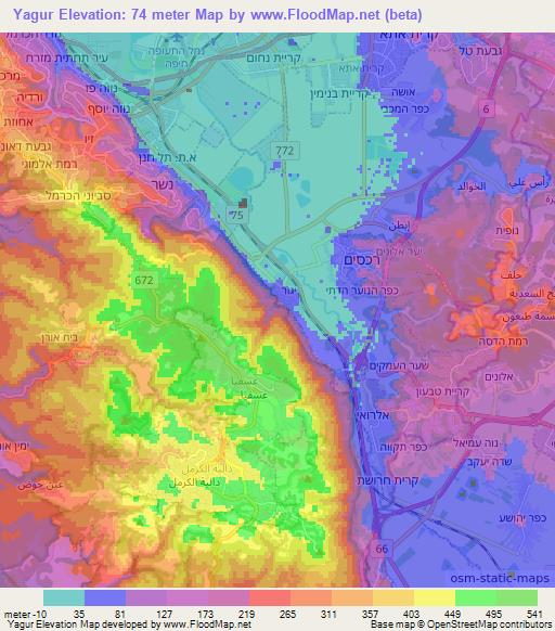 Yagur,Israel Elevation Map