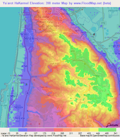 Ya`arot HaKarmel,Israel Elevation Map