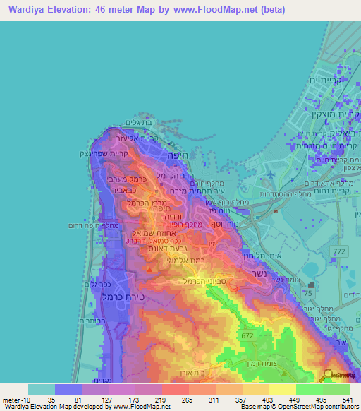 Wardiya,Israel Elevation Map