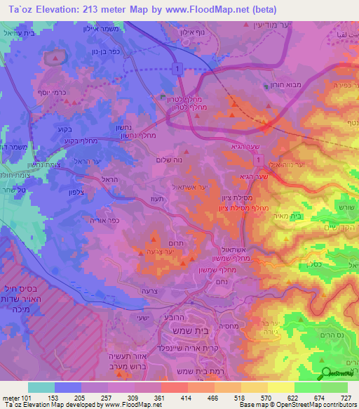 Ta`oz,Israel Elevation Map