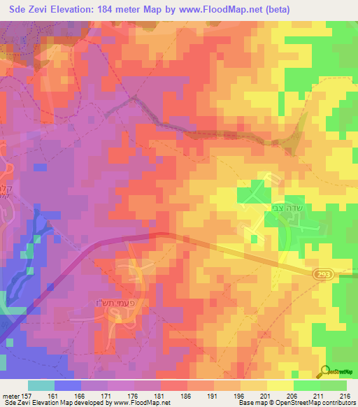 Sde Zevi,Israel Elevation Map