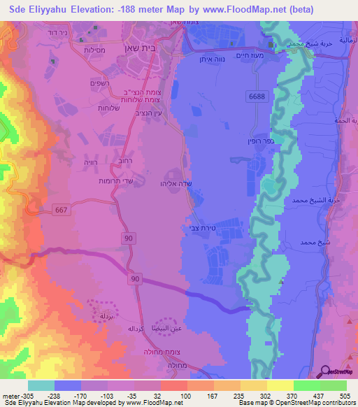 Sde Eliyyahu,Israel Elevation Map