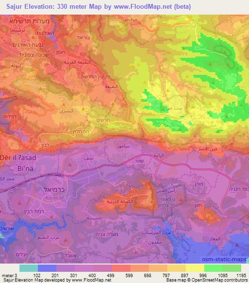 Sajur,Israel Elevation Map