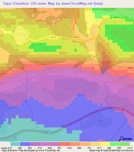 Sajur,Israel Elevation Map