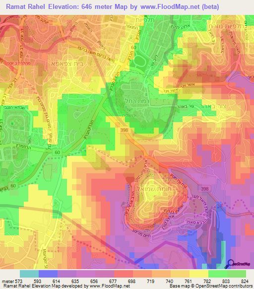 Ramat Rahel,Israel Elevation Map