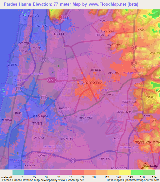 Pardes Hanna,Israel Elevation Map