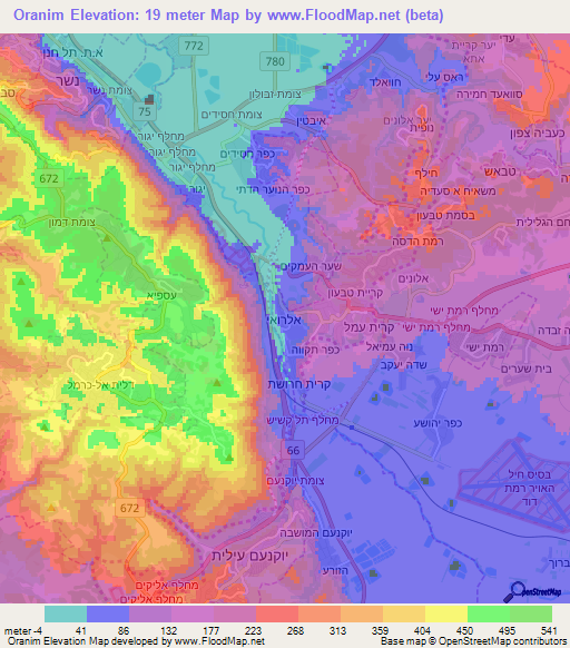 Oranim,Israel Elevation Map