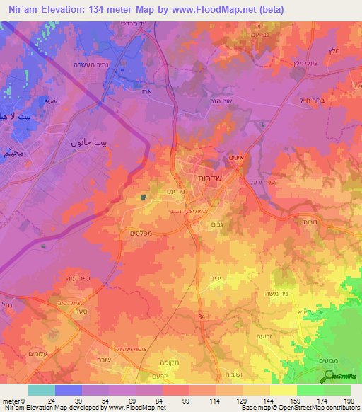 Nir`am,Israel Elevation Map