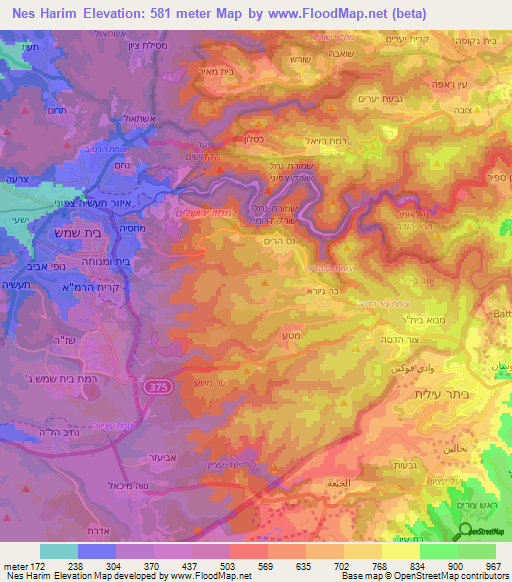 Nes Harim,Israel Elevation Map