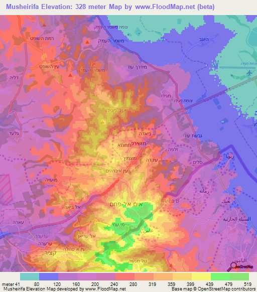 Musheirifa,Israel Elevation Map