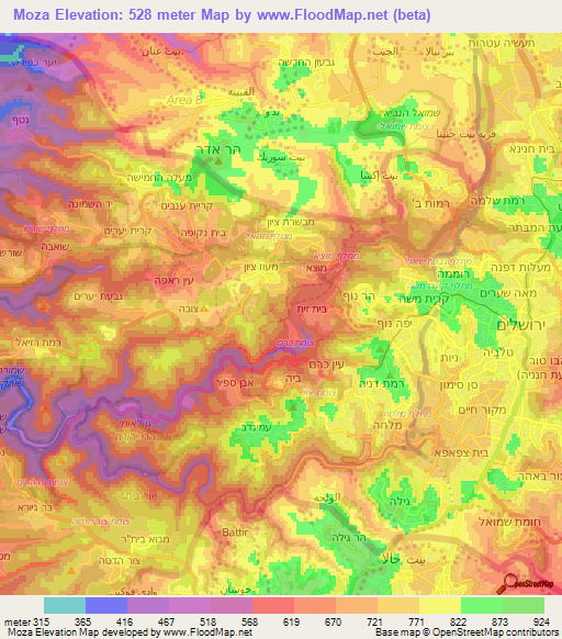Moza,Israel Elevation Map