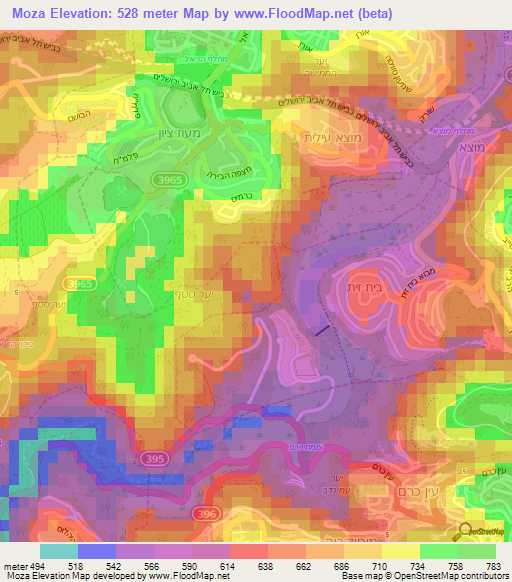 Moza,Israel Elevation Map