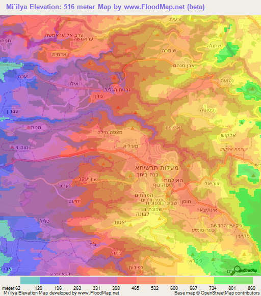 Mi`ilya,Israel Elevation Map