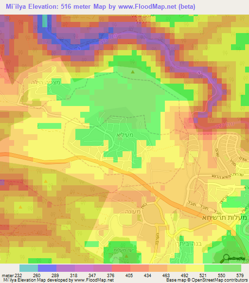 Mi`ilya,Israel Elevation Map