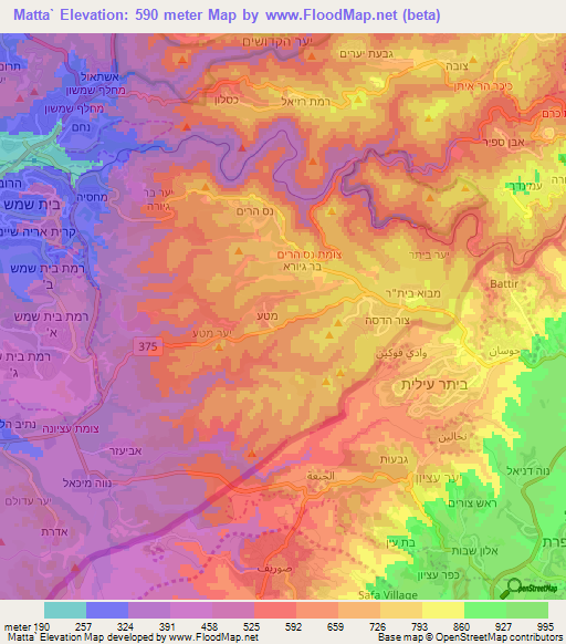 Matta`,Israel Elevation Map