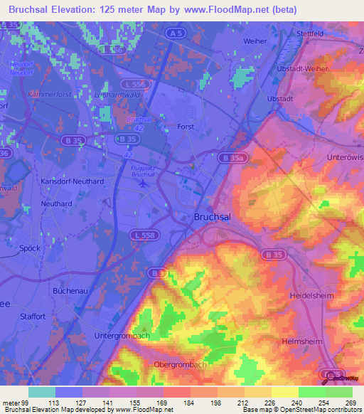 Bruchsal,Germany Elevation Map