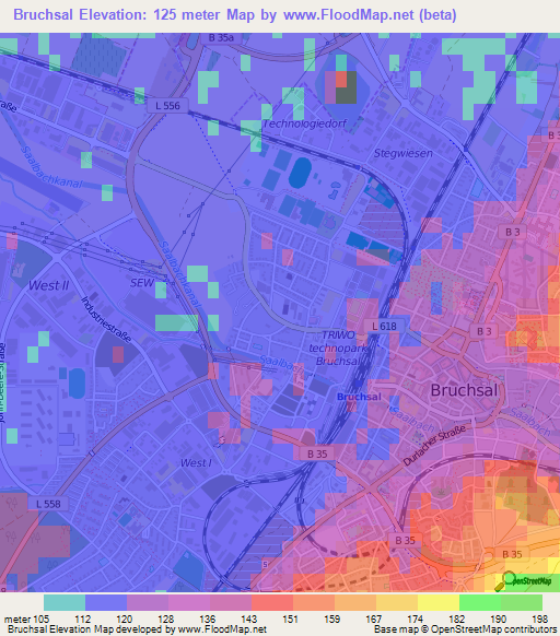 Bruchsal,Germany Elevation Map