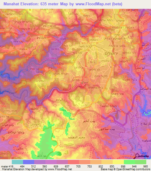 Manahat,Israel Elevation Map