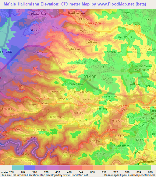 Ma`ale HaHamisha,Israel Elevation Map