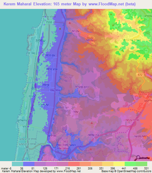 Kerem Maharal,Israel Elevation Map