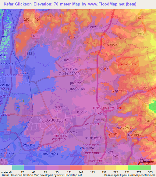 Kefar Glickson,Israel Elevation Map