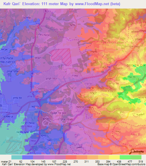 Kafr Qari`,Israel Elevation Map