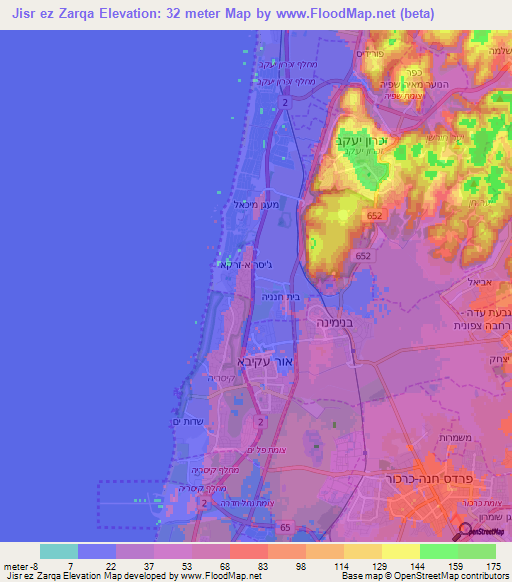 Jisr ez Zarqa,Israel Elevation Map