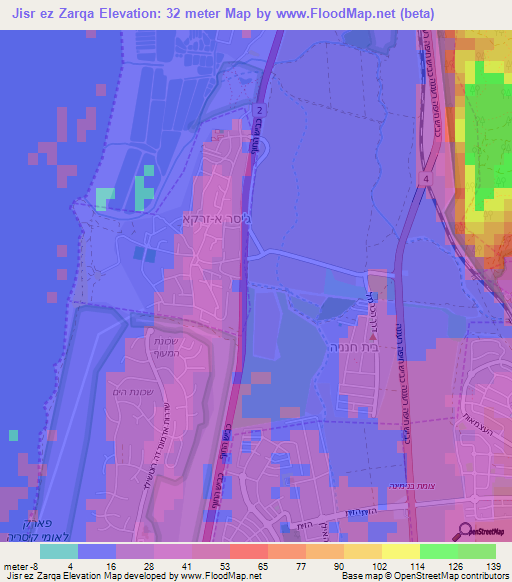 Jisr ez Zarqa,Israel Elevation Map