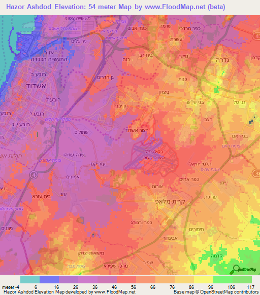 Hazor Ashdod,Israel Elevation Map