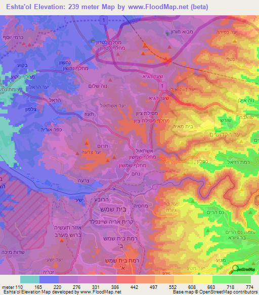 Eshta'ol,Israel Elevation Map