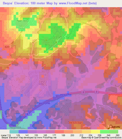 Beqoa`,Israel Elevation Map
