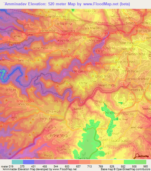 `Amminadav,Israel Elevation Map