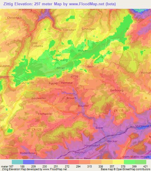 Zittig,Luxembourg Elevation Map