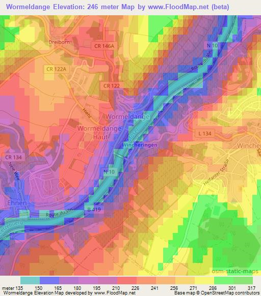 Wormeldange,Luxembourg Elevation Map