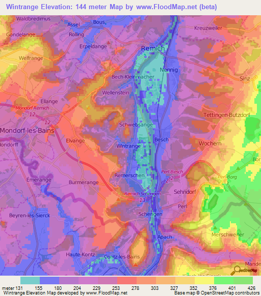Wintrange,Luxembourg Elevation Map