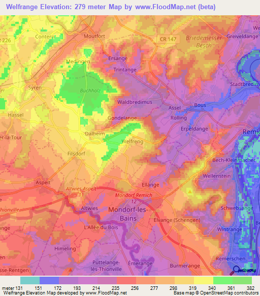 Welfrange,Luxembourg Elevation Map
