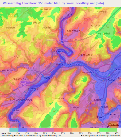 Wasserbillig,Luxembourg Elevation Map