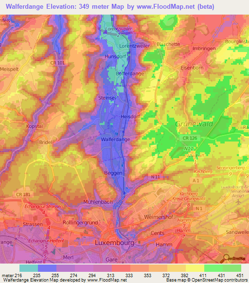 Walferdange,Luxembourg Elevation Map