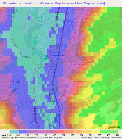 Walferdange,Luxembourg Elevation Map