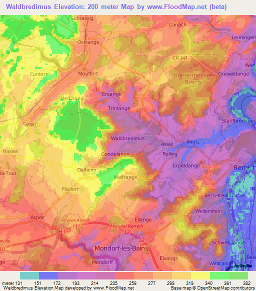 Waldbredimus,Luxembourg Elevation Map