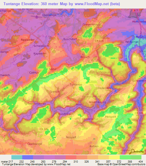 Tuntange,Luxembourg Elevation Map