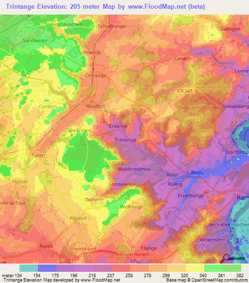 Trintange,Luxembourg Elevation Map