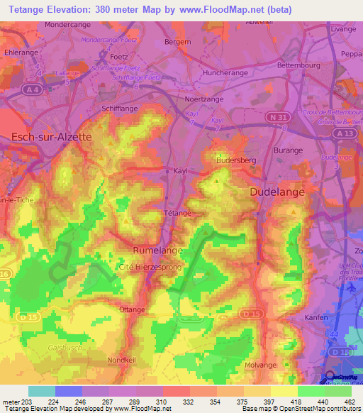 Tetange,Luxembourg Elevation Map