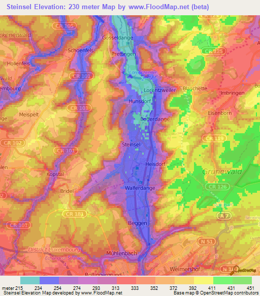 Steinsel,Luxembourg Elevation Map