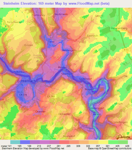Steinheim,Luxembourg Elevation Map