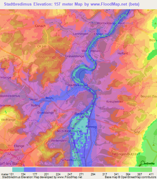 Stadtbredimus,Luxembourg Elevation Map