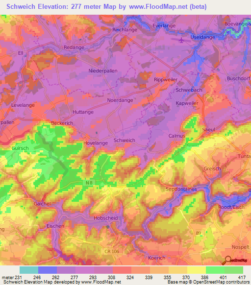 Schweich,Luxembourg Elevation Map