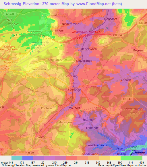 Schrassig,Luxembourg Elevation Map
