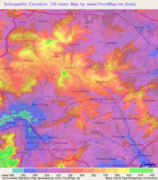 Schouweiler,Luxembourg Elevation Map